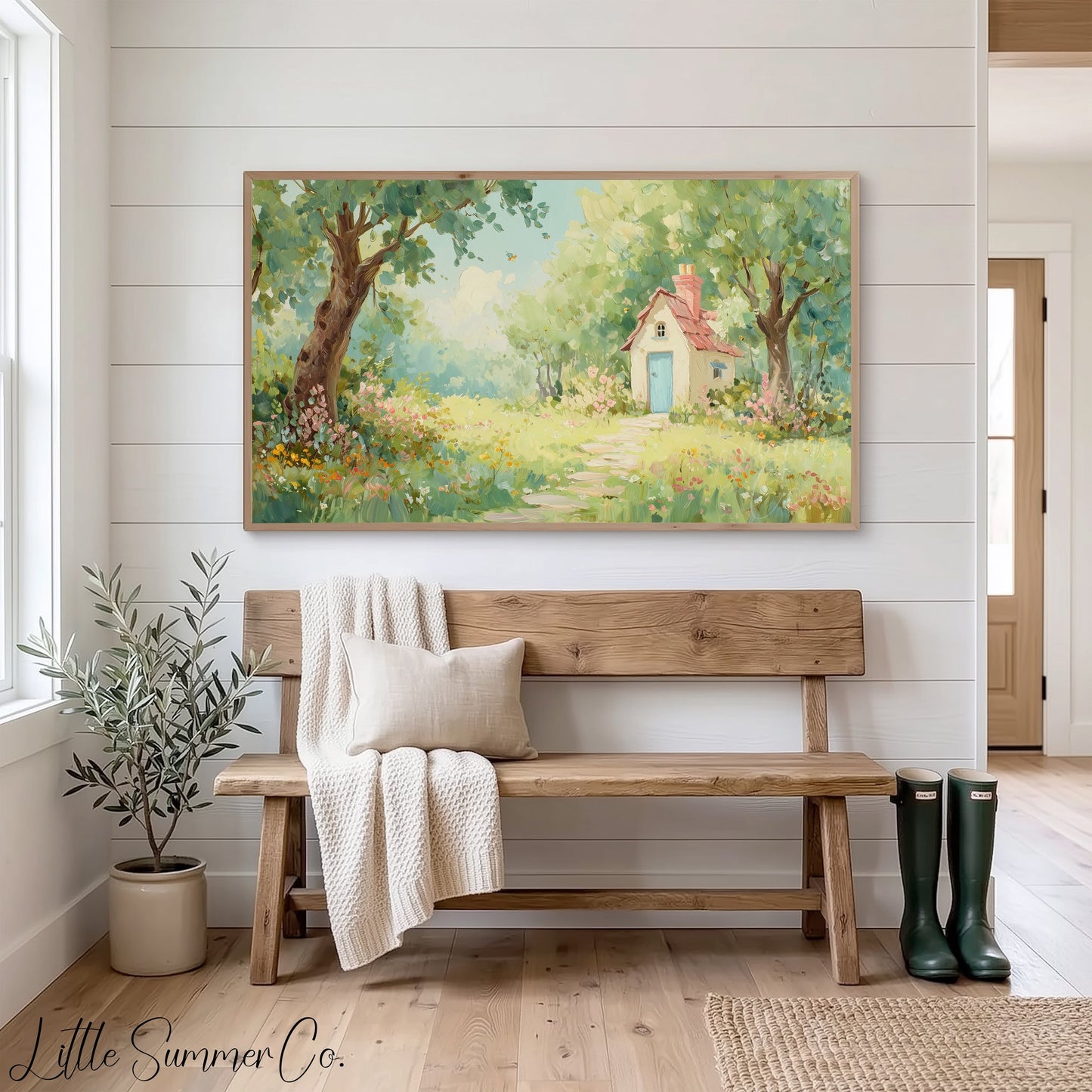 Cottage in Summer Garden Frame TV Art displayed on a TV