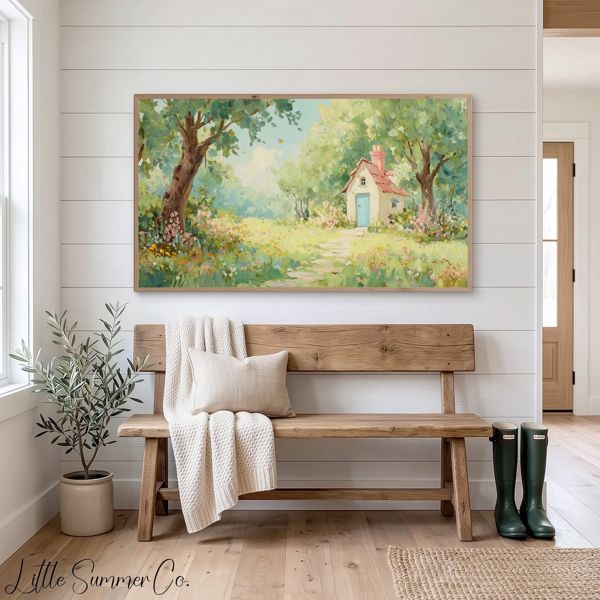 Cottage in Summer Garden Frame TV Art displayed on a TV