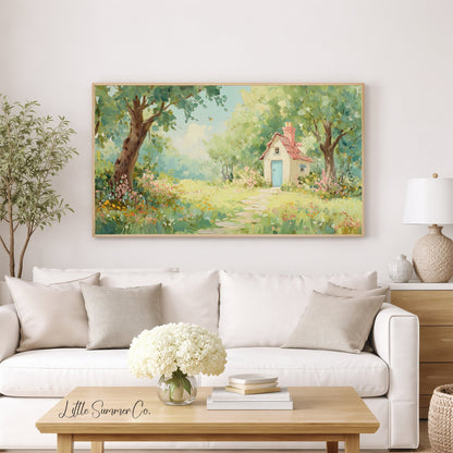 Cottage in Summer Garden Frame TV Art displayed on a TV