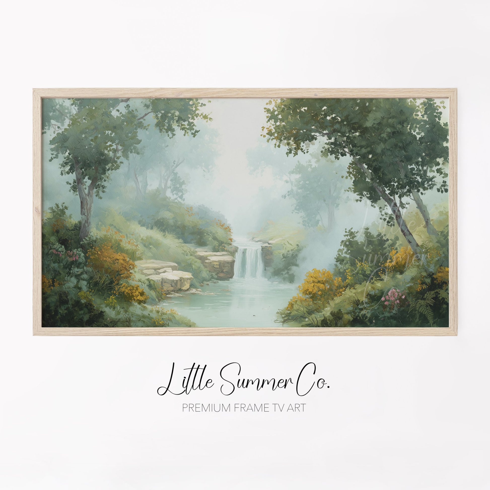 Misty Forest Waterfall Frame TV Art displayed on a TV