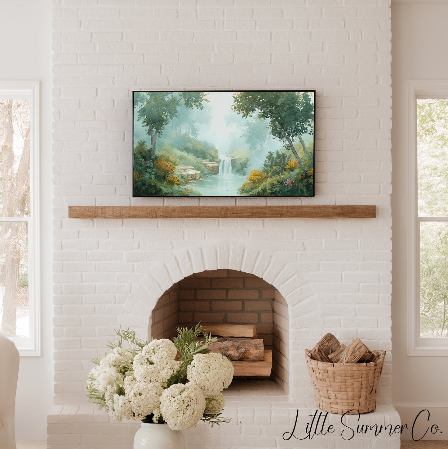 Misty Forest Waterfall Frame TV Art displayed on a TV