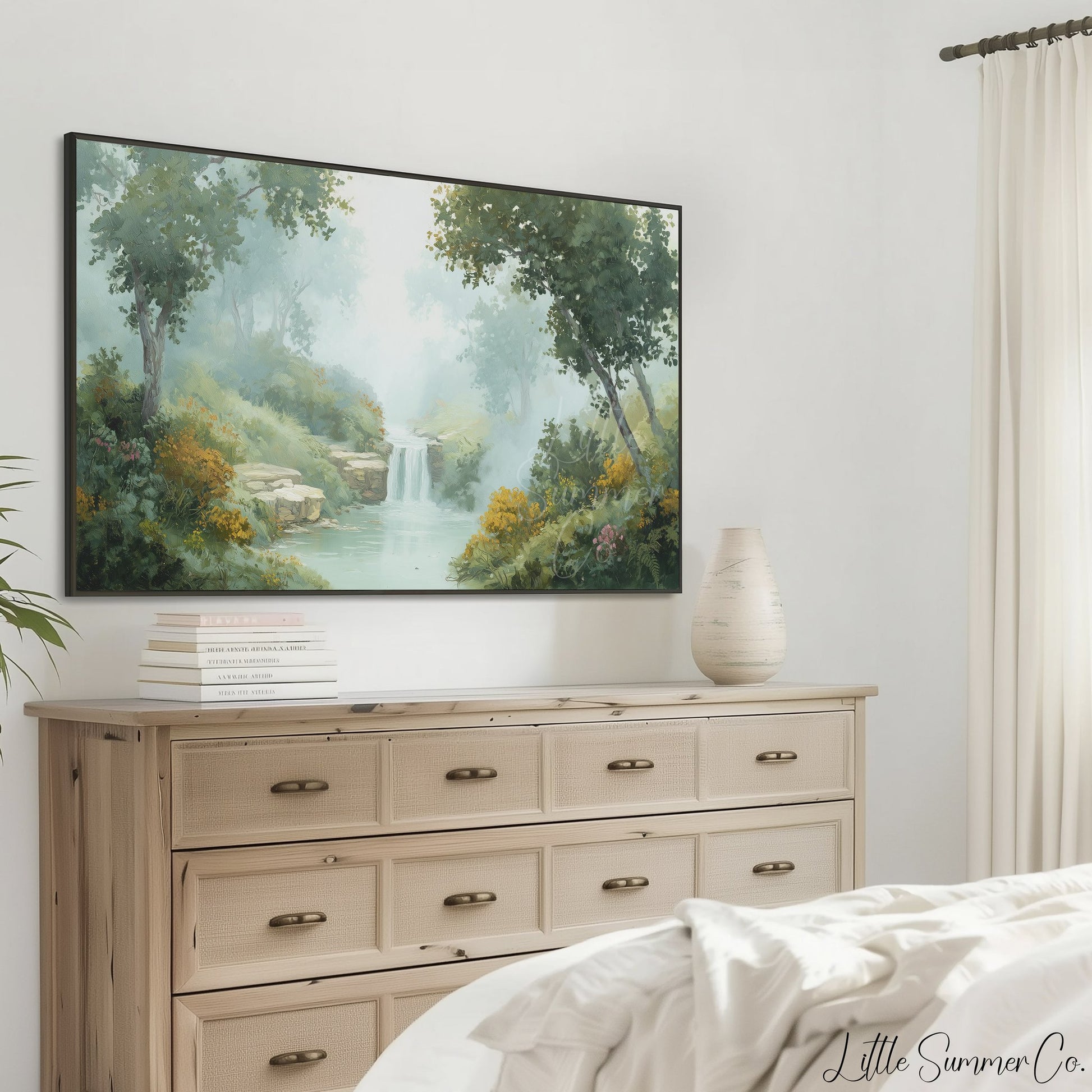 Misty Forest Waterfall Frame TV Art displayed on a TV