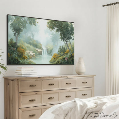 Misty Forest Waterfall Frame TV Art displayed on a TV