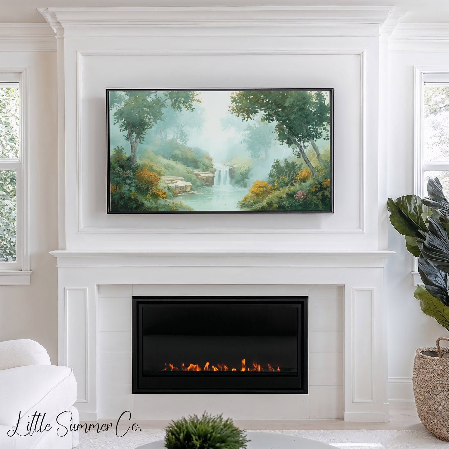 Misty Forest Waterfall Frame TV Art displayed on a TV
