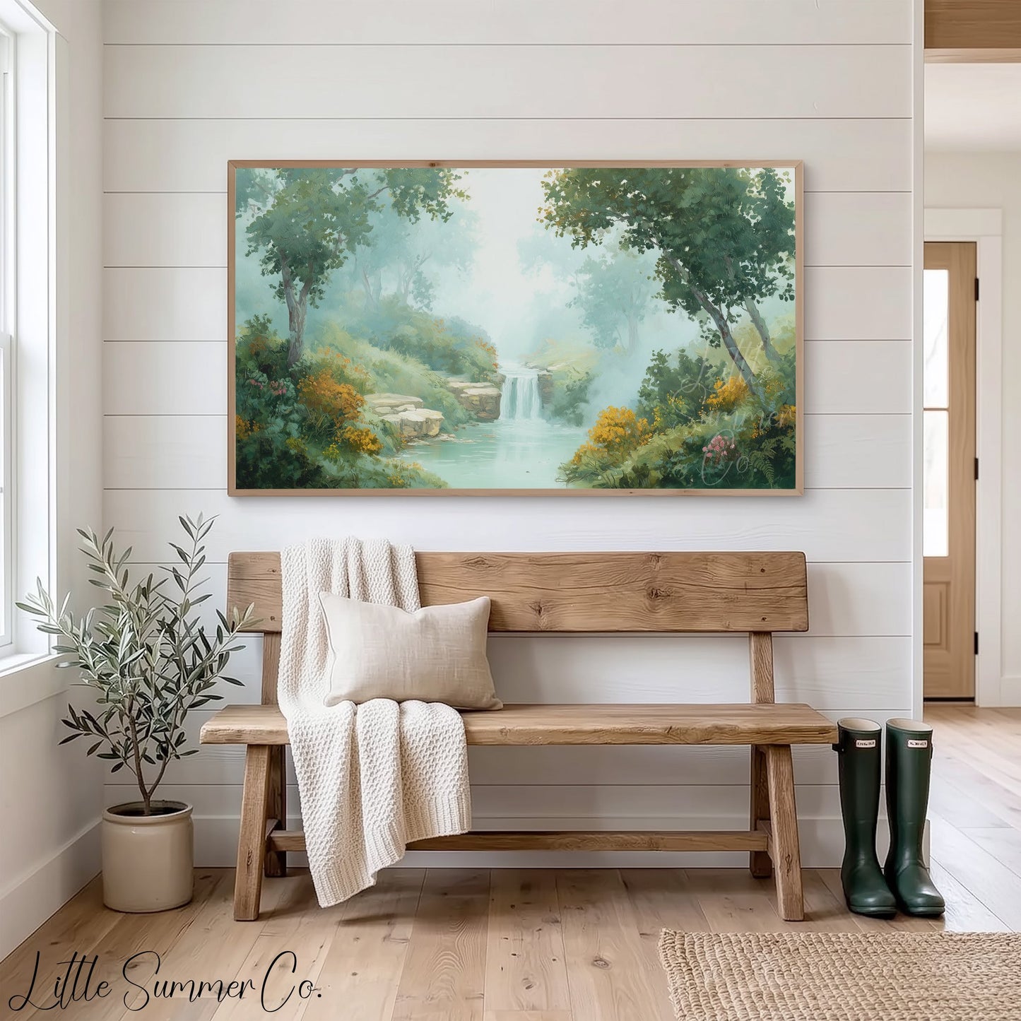 Misty Forest Waterfall Frame TV Art displayed on a TV