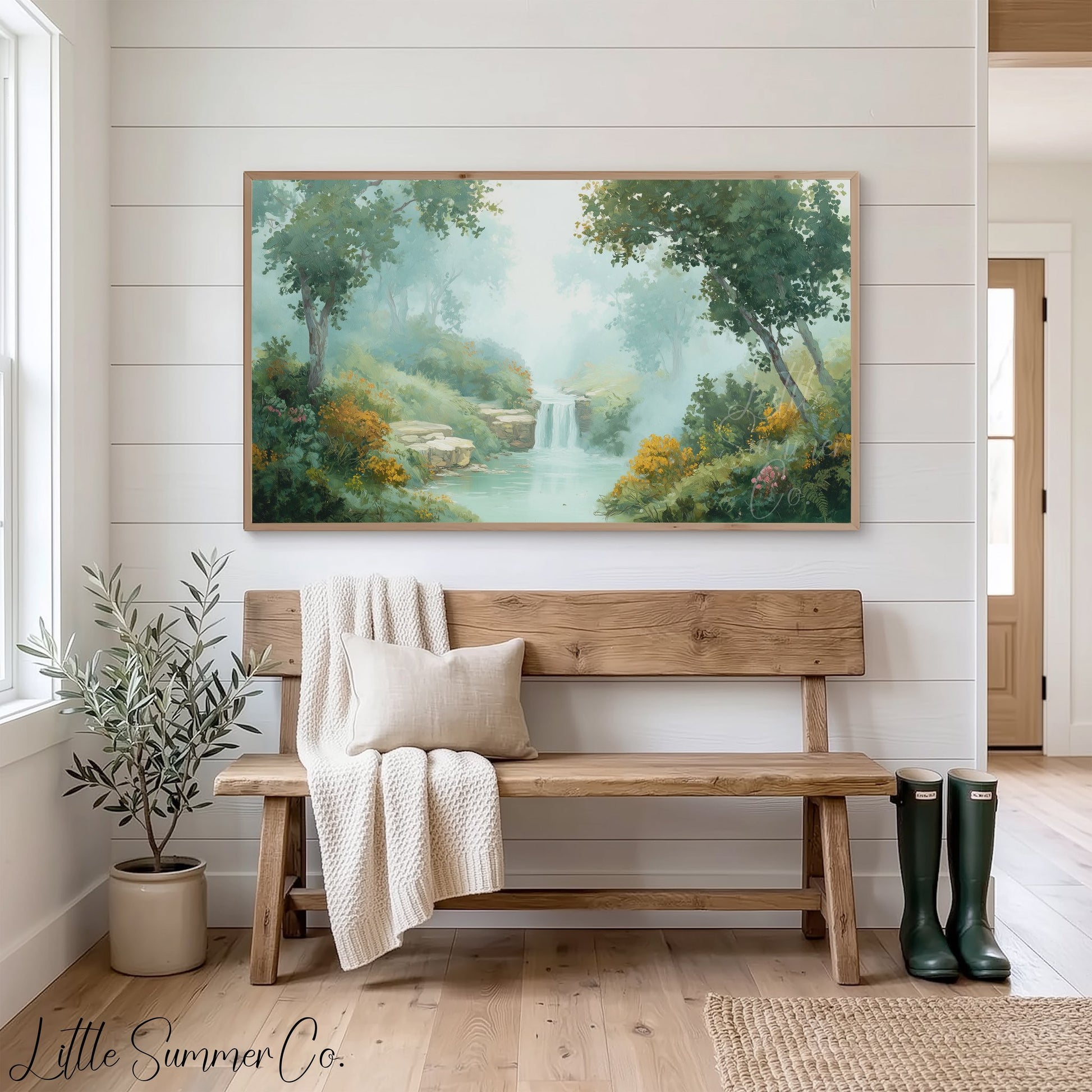 Misty Forest Waterfall Frame TV Art displayed on a TV