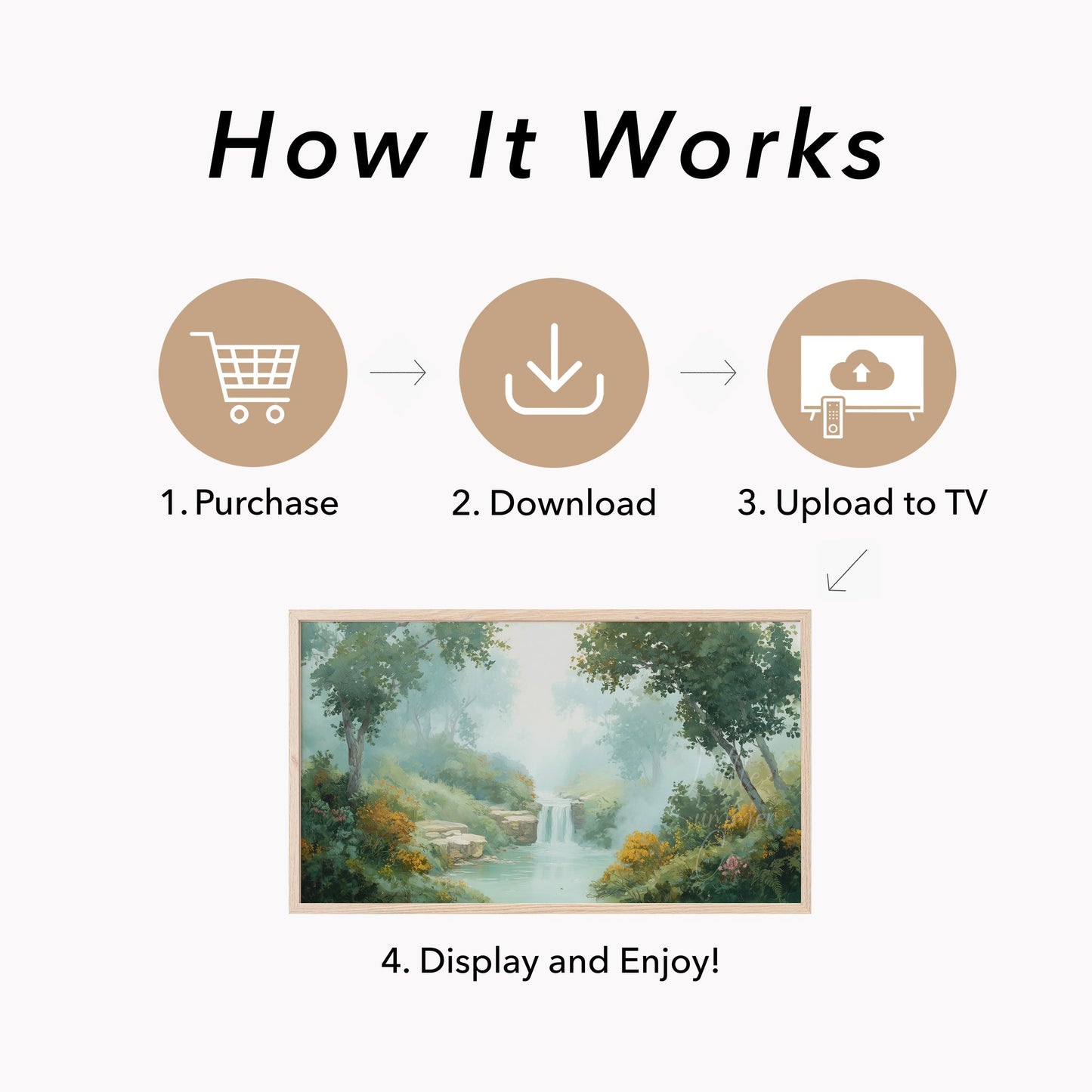 Misty Forest Waterfall Frame TV Art displayed on a TV