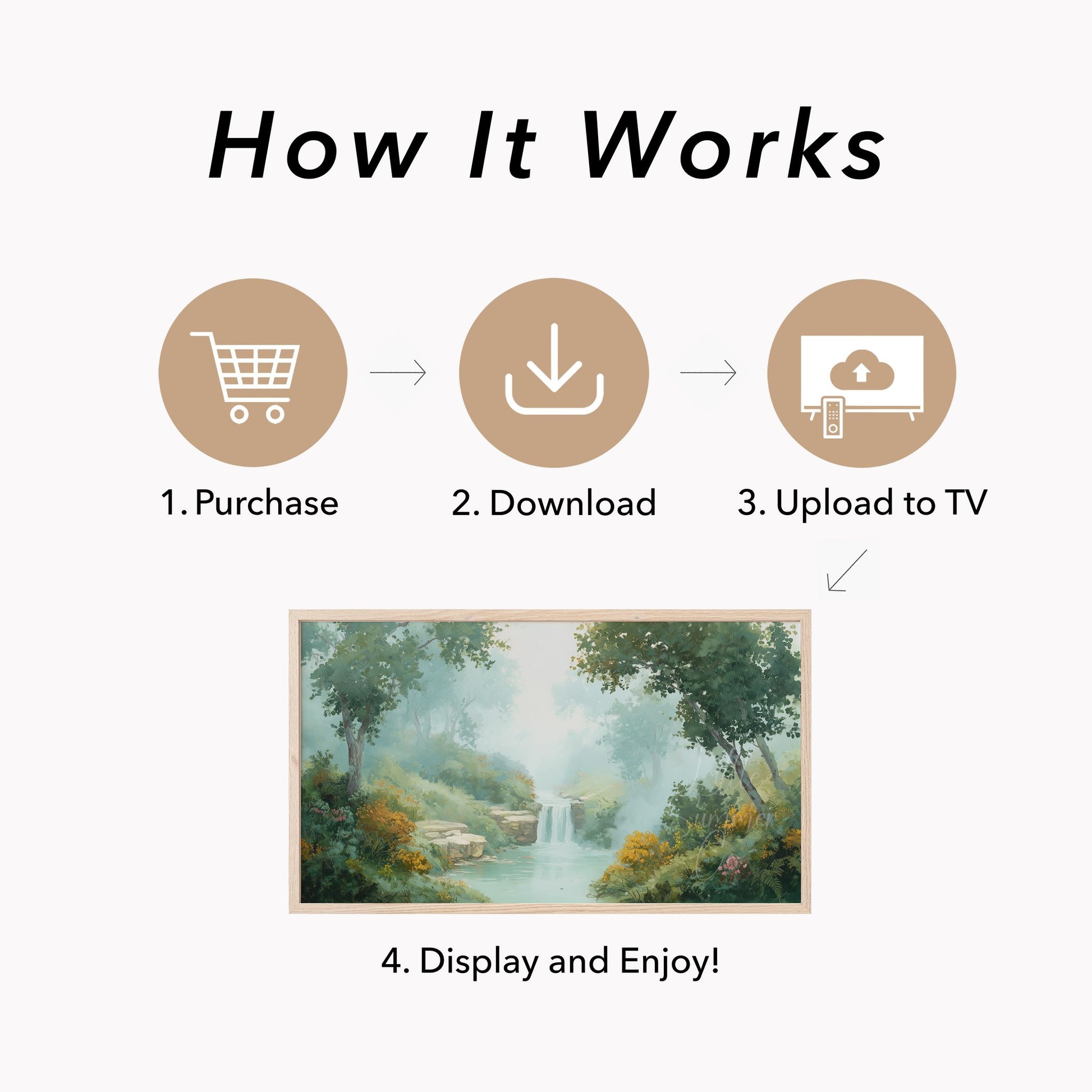 Misty Forest Waterfall Frame TV Art displayed on a TV
