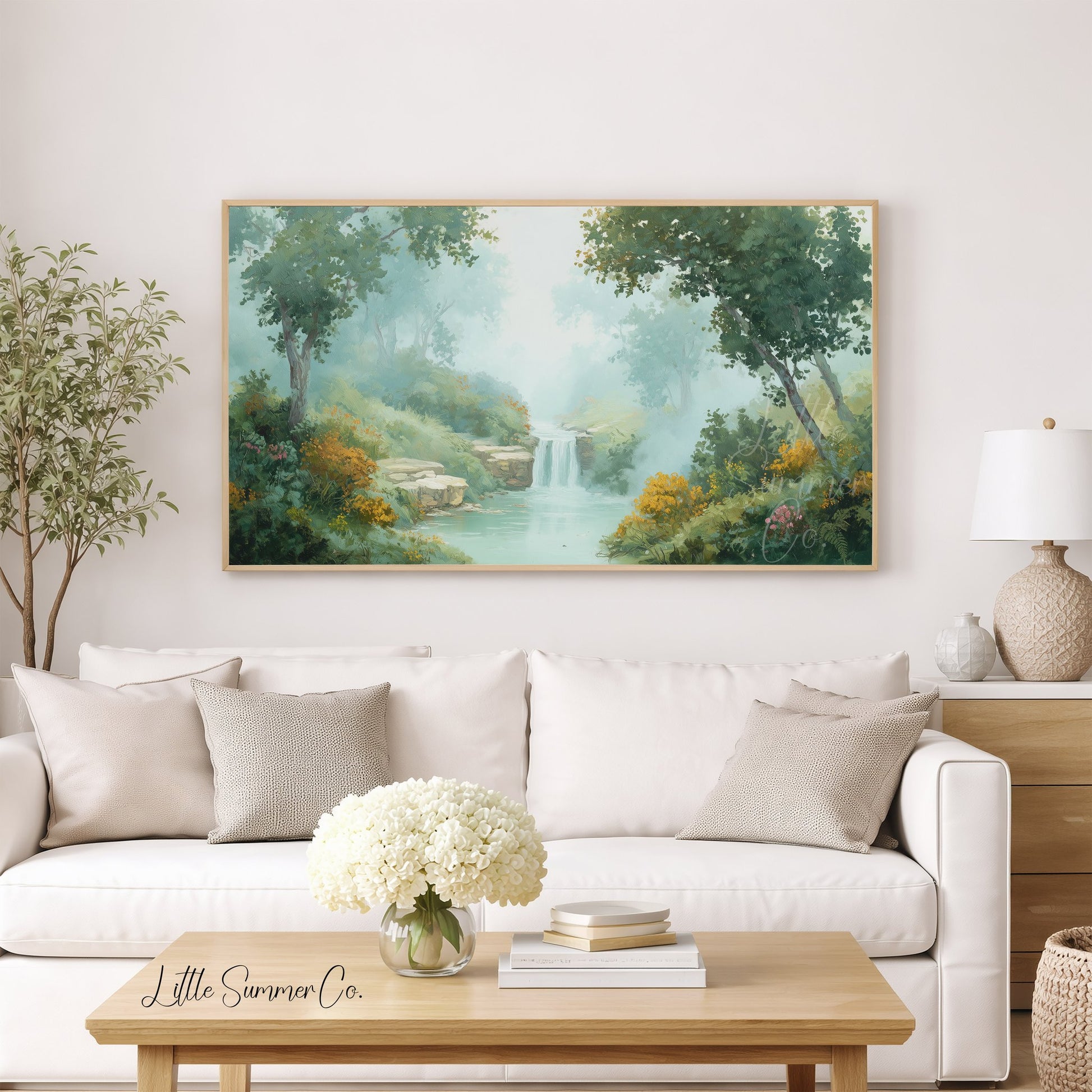 Misty Forest Waterfall Frame TV Art displayed on a TV