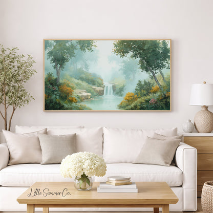 Misty Forest Waterfall Frame TV Art displayed on a TV