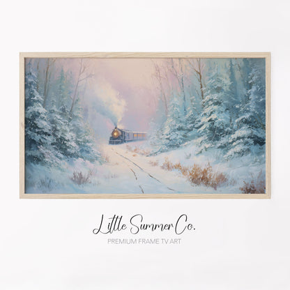 Steam Train in Snowy Forest Frame TV Art displayed on a TV
