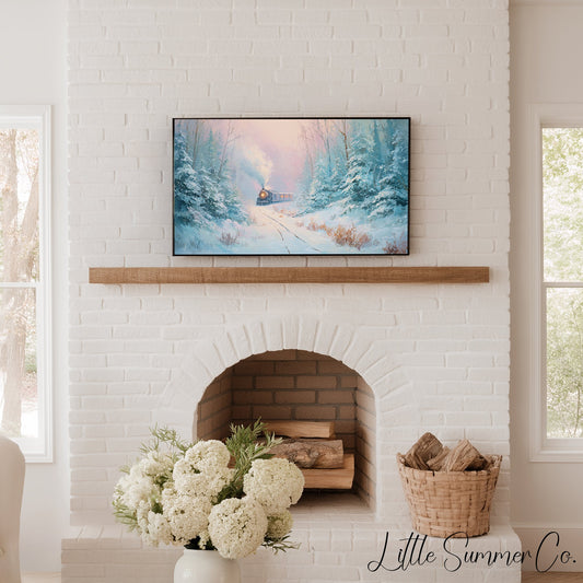 Steam Train in Snowy Forest Frame TV Art displayed on a TV