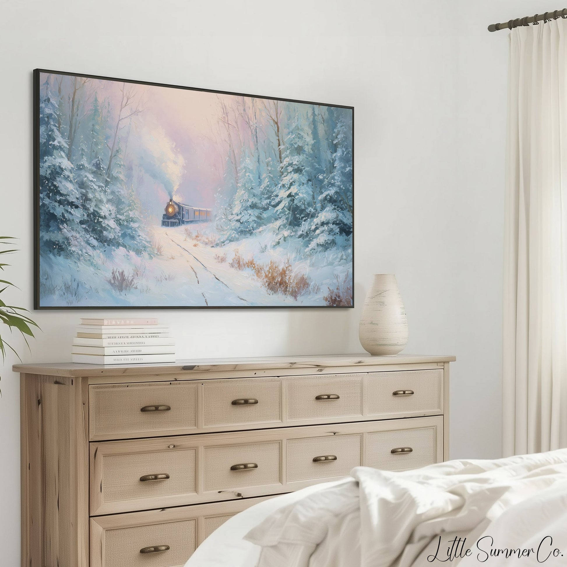Steam Train in Snowy Forest Frame TV Art displayed on a TV