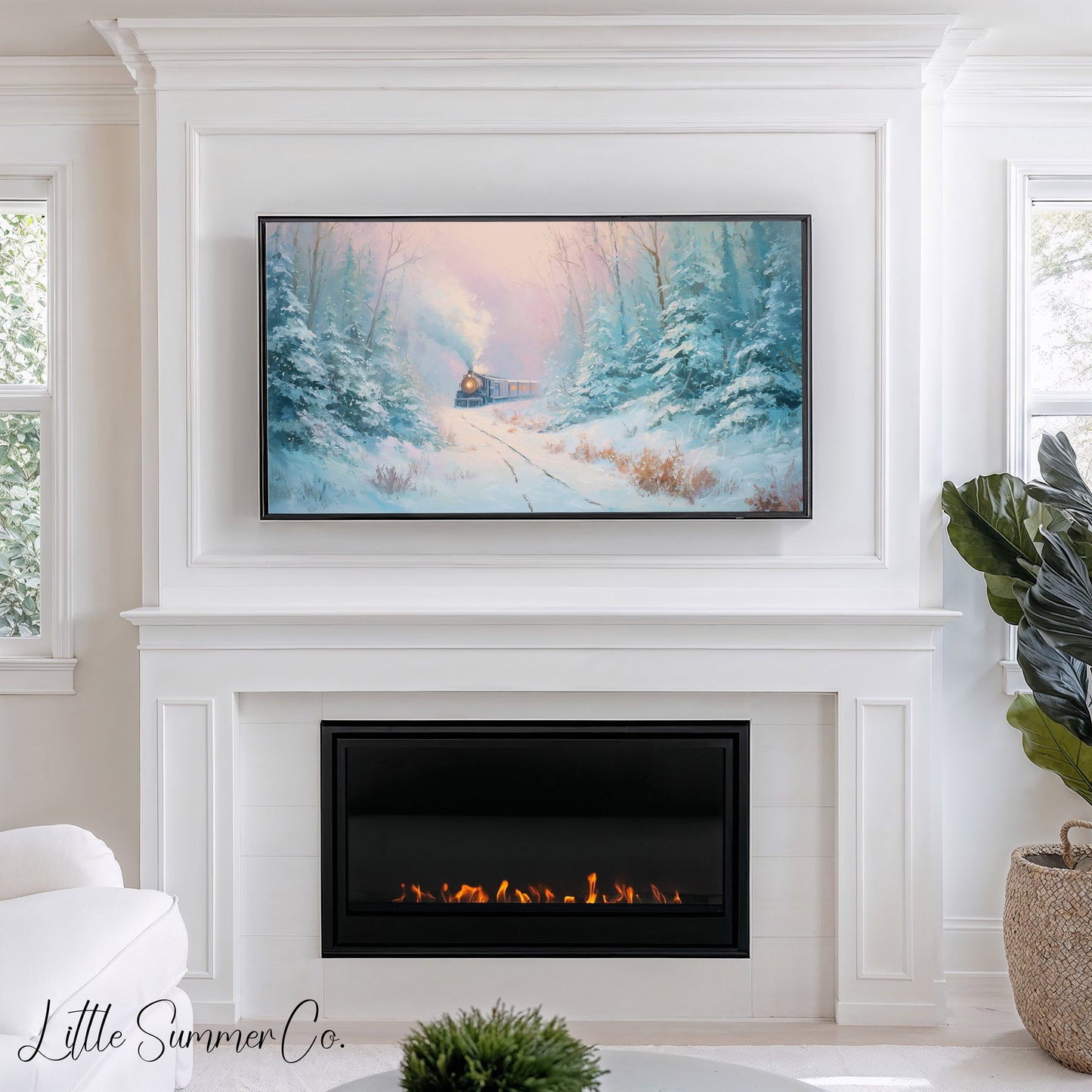Steam Train in Snowy Forest Frame TV Art displayed on a TV