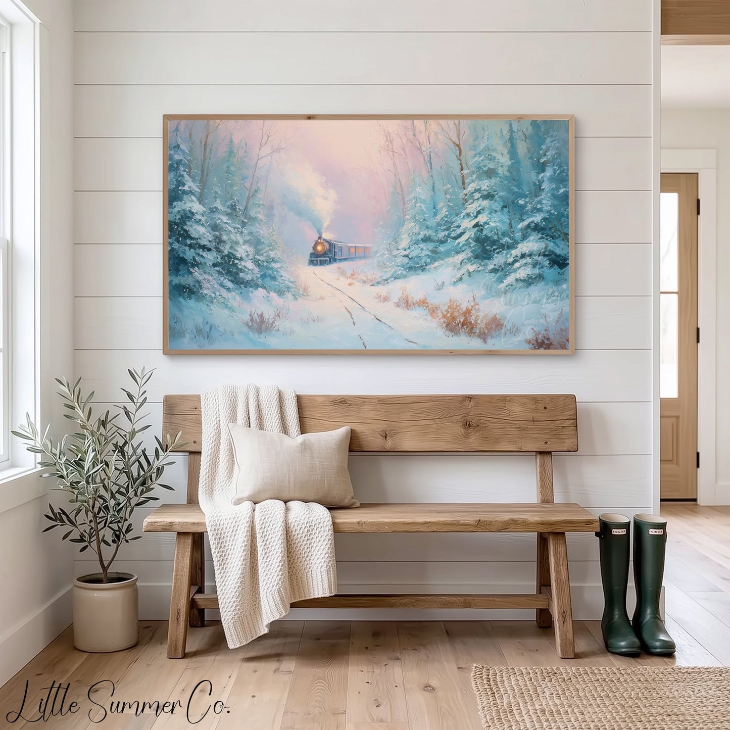 Steam Train in Snowy Forest Frame TV Art displayed on a TV