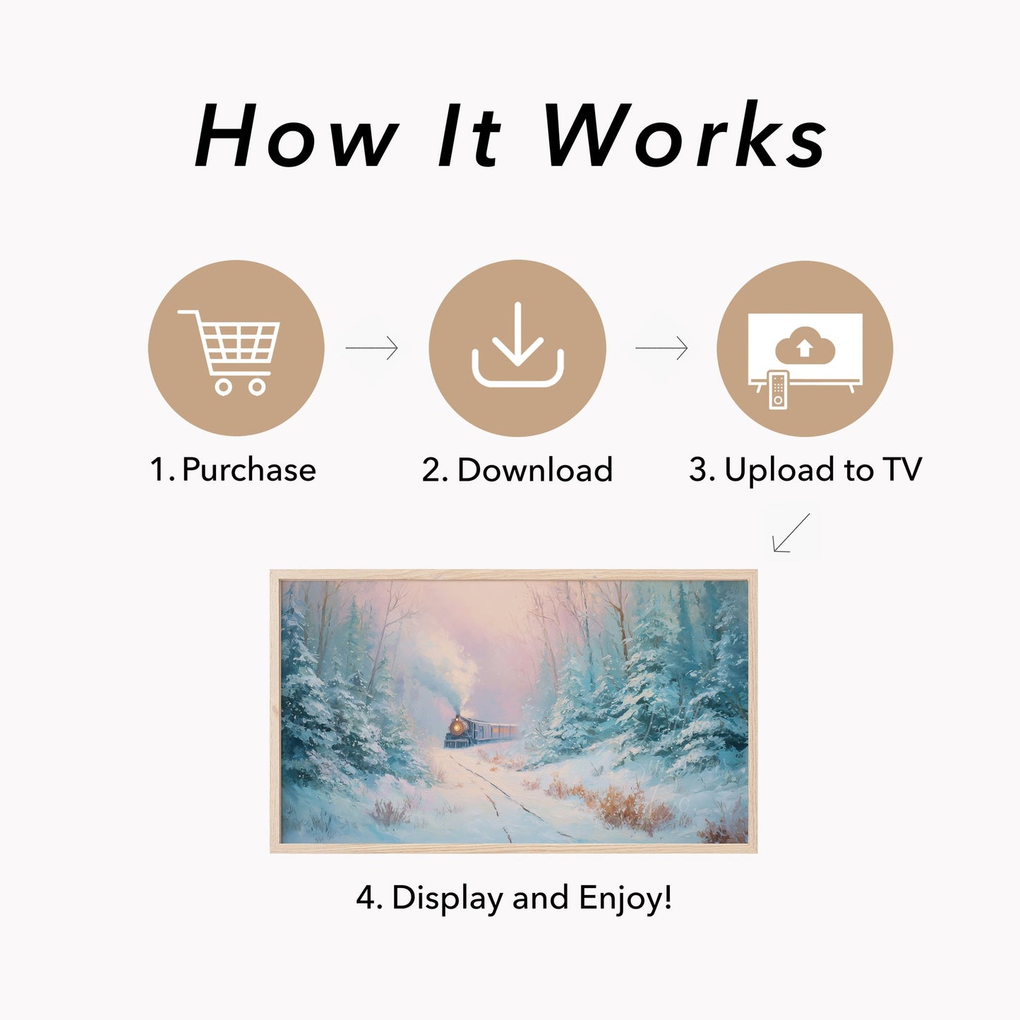 Steam Train in Snowy Forest Frame TV Art displayed on a TV