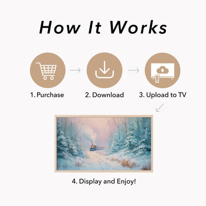 Steam Train in Snowy Forest Frame TV Art displayed on a TV
