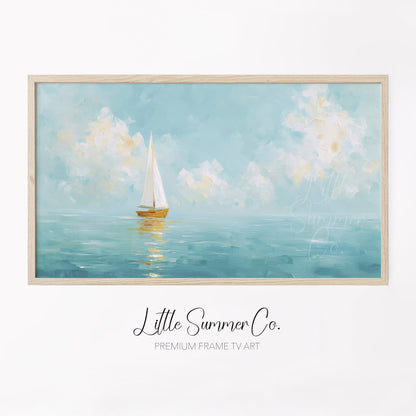 White Sailboat Frame TV Art displayed on a TV