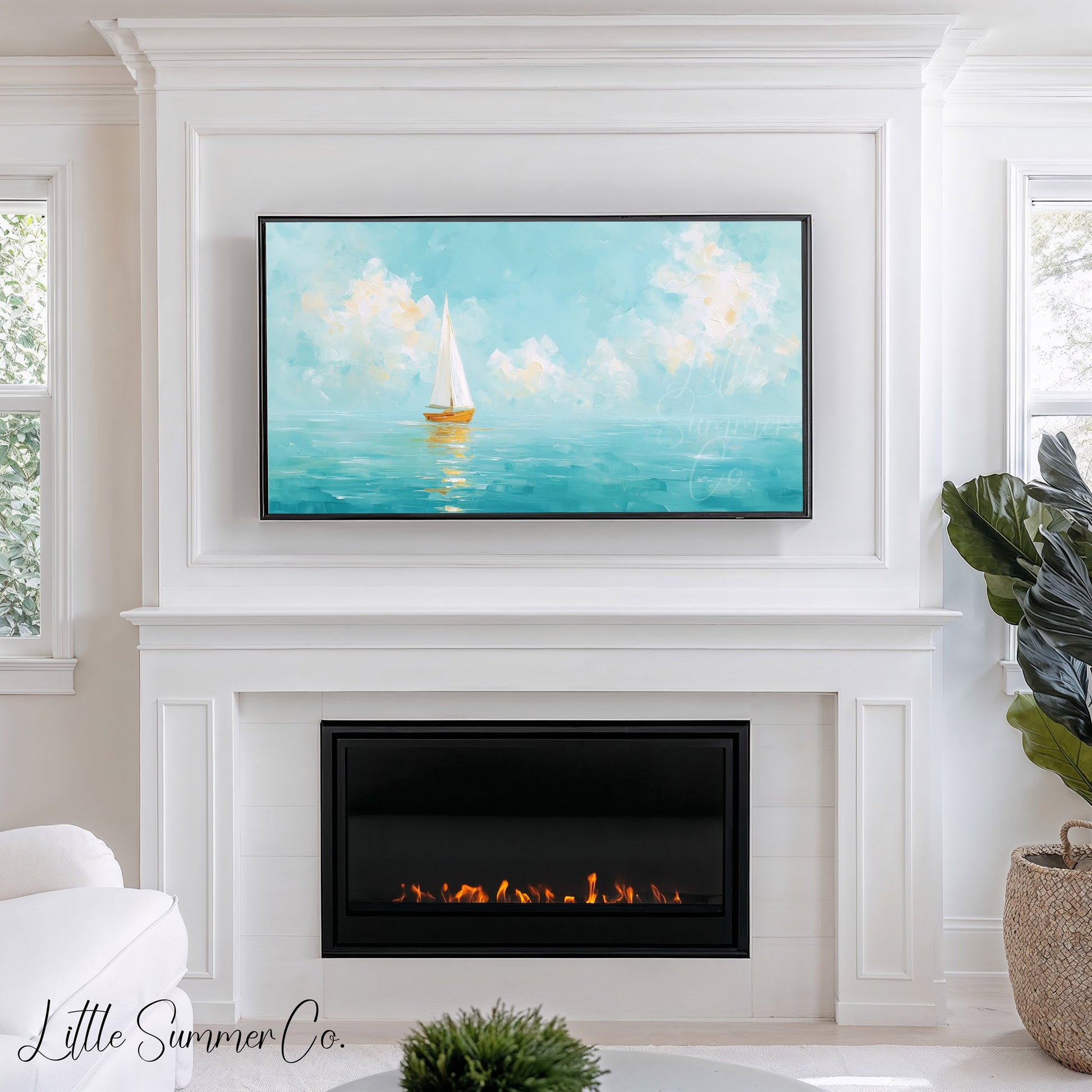 White Sailboat Frame TV Art displayed on a TV