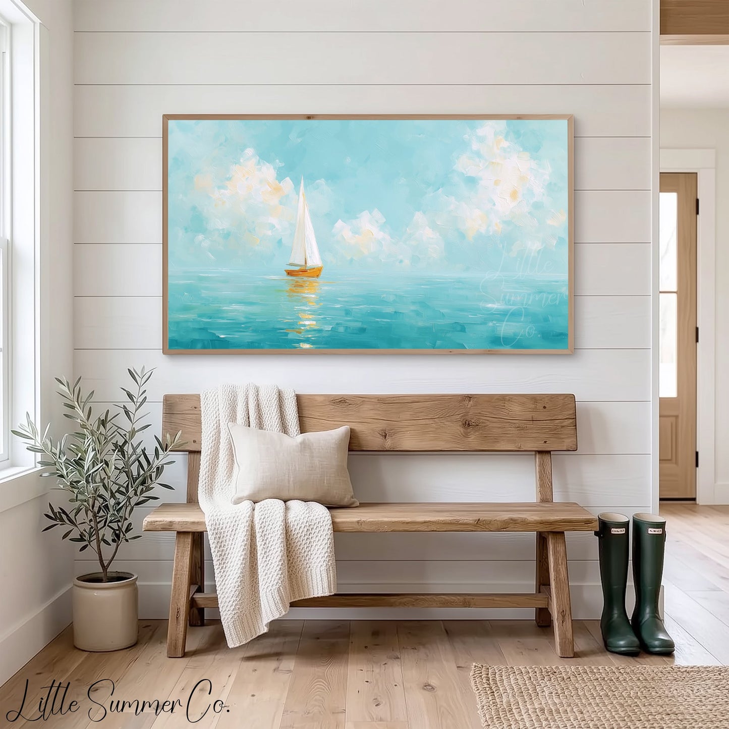 White Sailboat Frame TV Art displayed on a TV