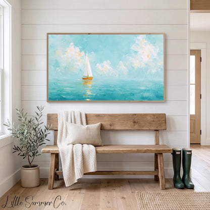 White Sailboat Frame TV Art displayed on a TV