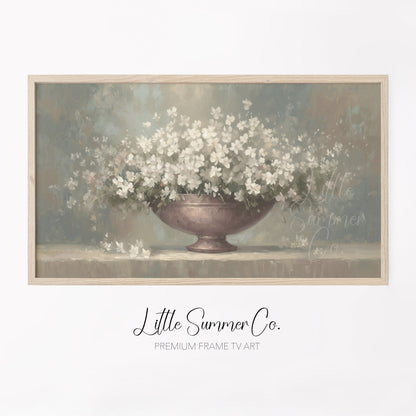 White Flowers Frame TV Art displayed on a TV