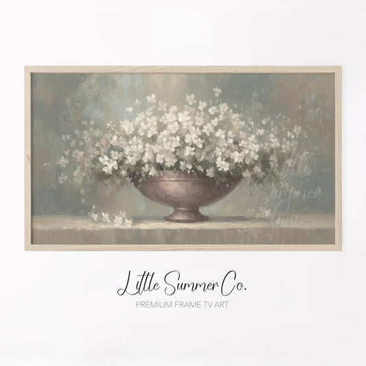 White Flowers Frame TV Art displayed on a TV