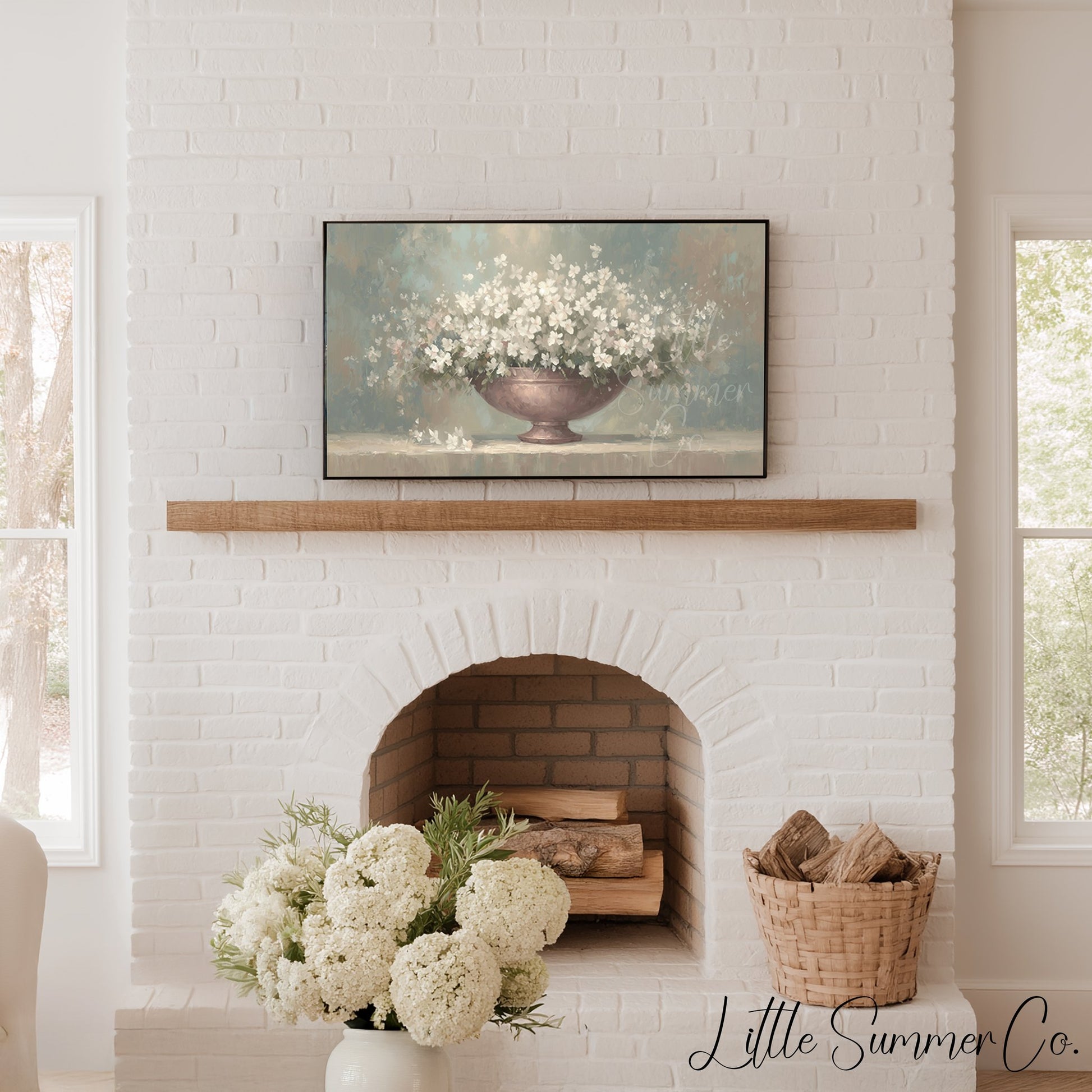 White Flowers Frame TV Art displayed on a TV