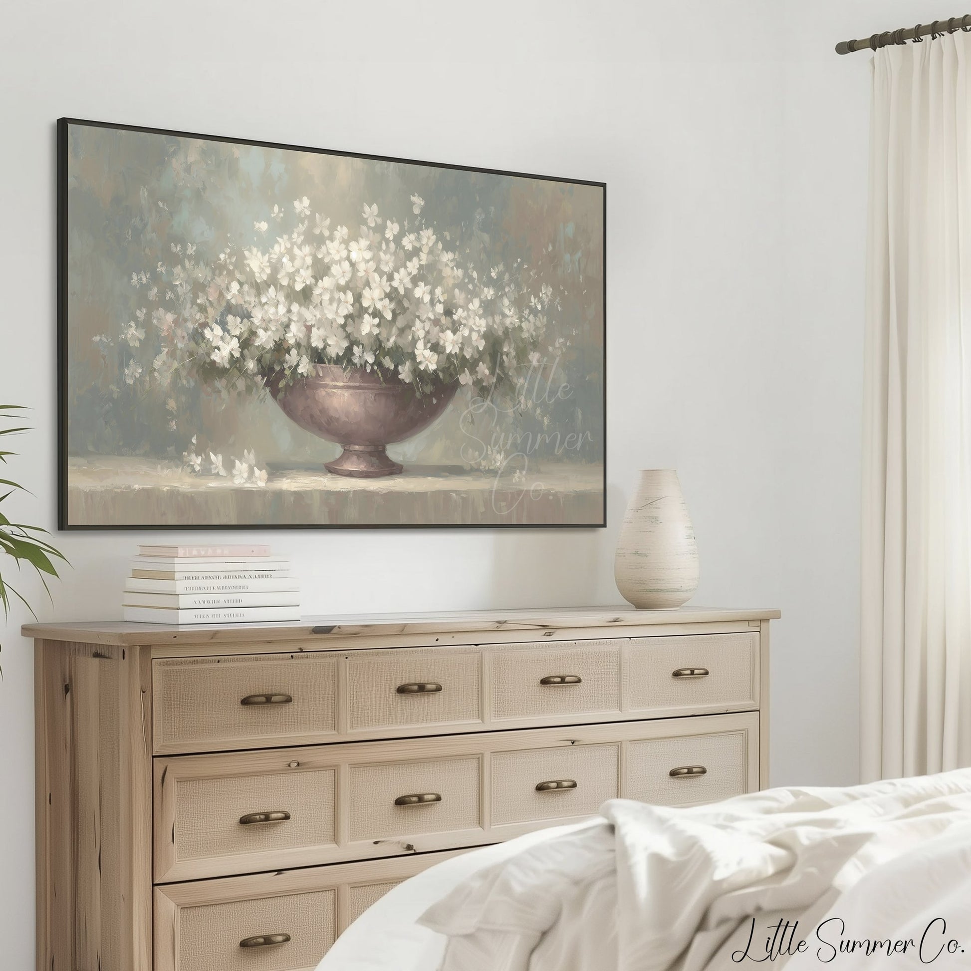 White Flowers Frame TV Art displayed on a TV