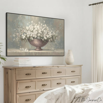 White Flowers Frame TV Art displayed on a TV