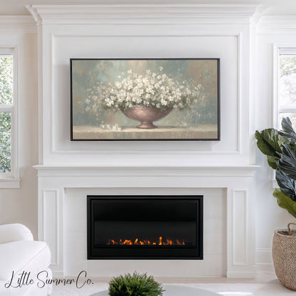 White Flowers Frame TV Art displayed on a TV