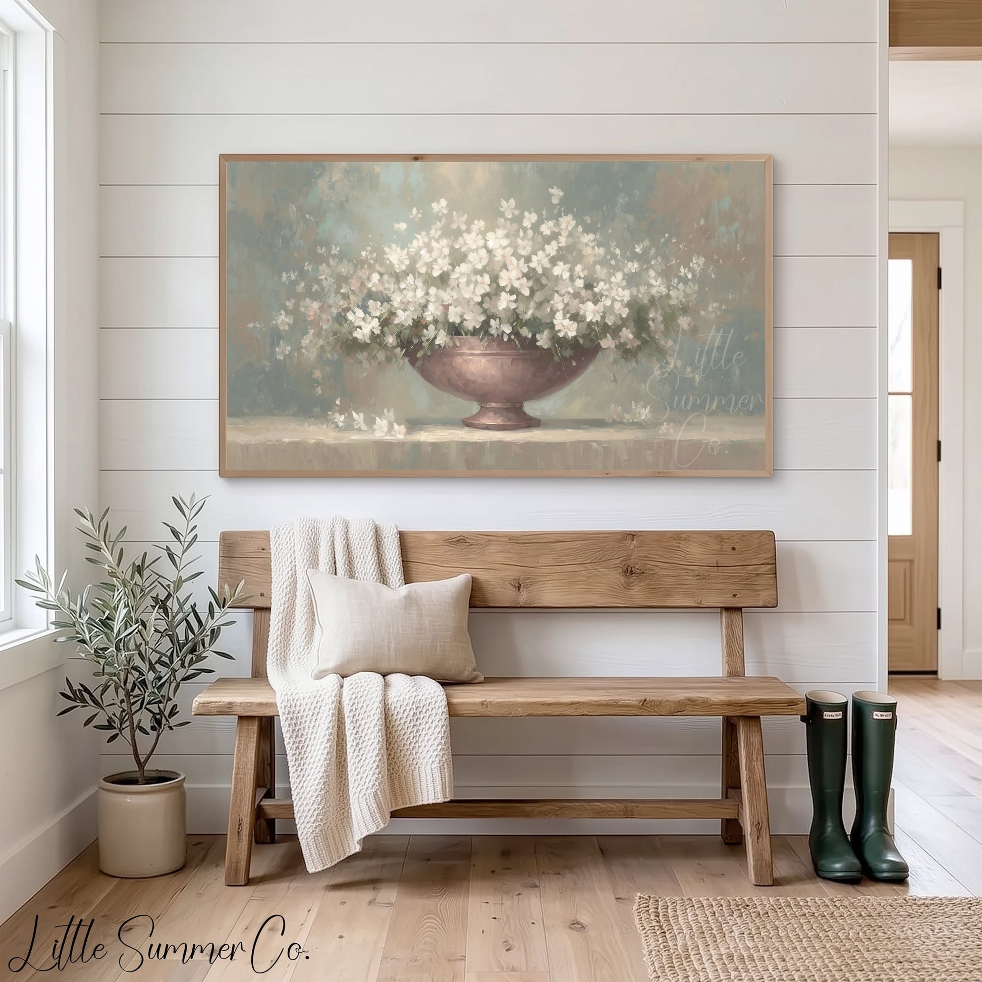 White Flowers Frame TV Art displayed on a TV