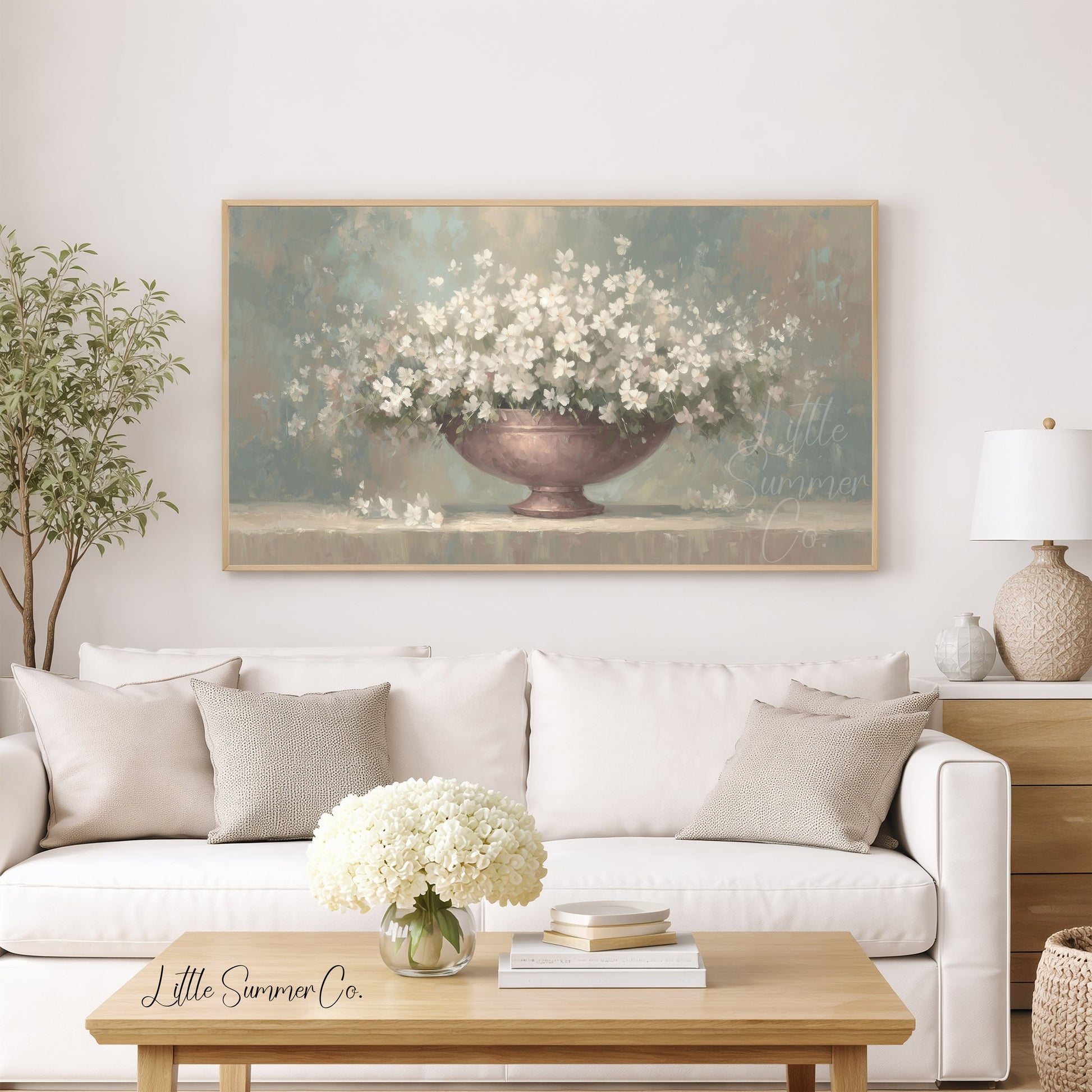 White Flowers Frame TV Art displayed on a TV