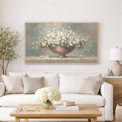 White Flowers Frame TV Art displayed on a TV