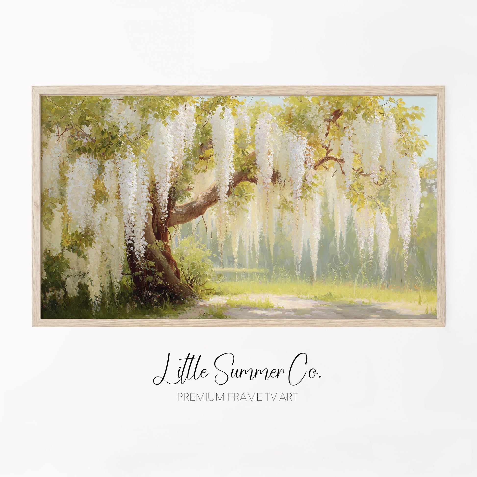 White Wisteria Cascading Frame TV Art displayed on a TV