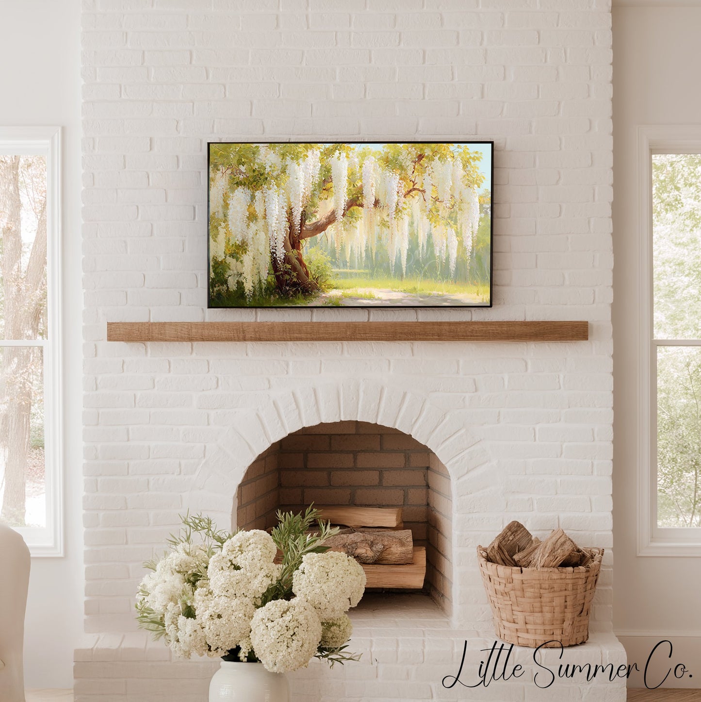 White Wisteria Cascading Frame TV Art displayed on a TV