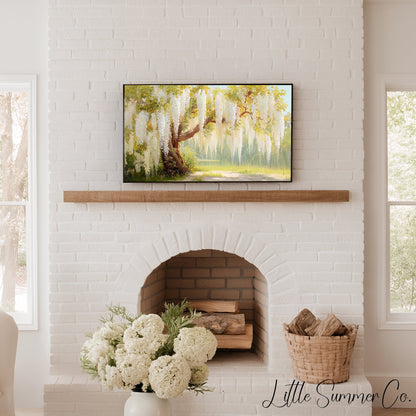 White Wisteria Cascading Frame TV Art displayed on a TV