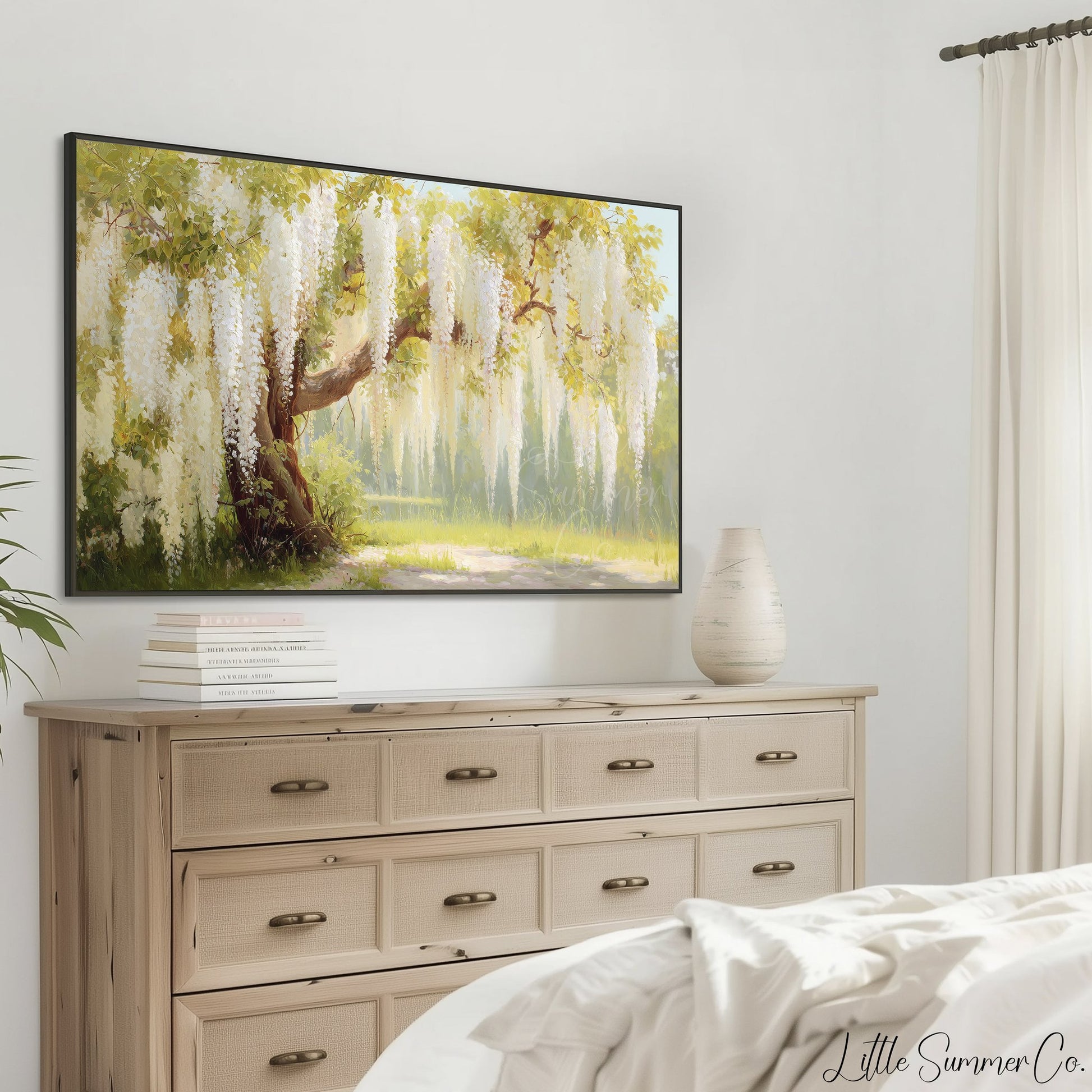 White Wisteria Cascading Frame TV Art displayed on a TV