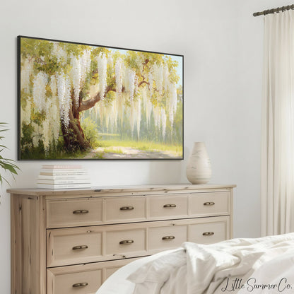 White Wisteria Cascading Frame TV Art displayed on a TV