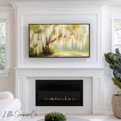 White Wisteria Cascading Frame TV Art displayed on a TV