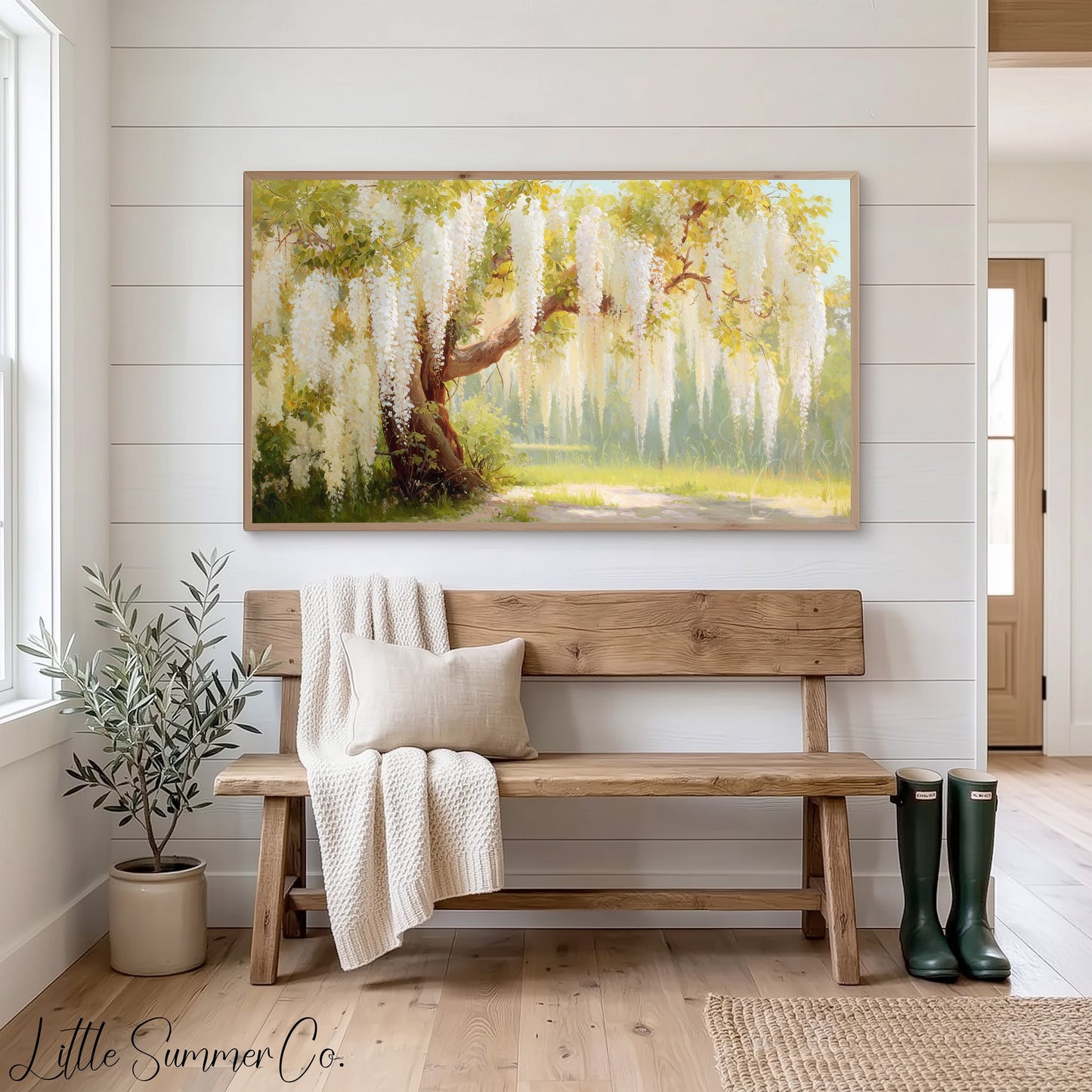 White Wisteria Cascading Frame TV Art displayed on a TV