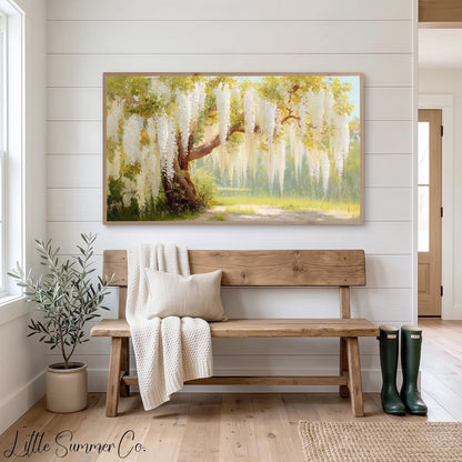 White Wisteria Cascading Frame TV Art displayed on a TV