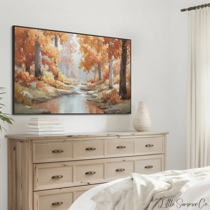 Autumn Stream Path Frame TV Art displayed on a TV