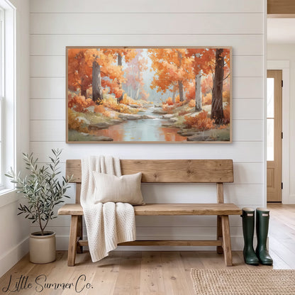 Autumn Stream Path Frame TV Art displayed on a TV