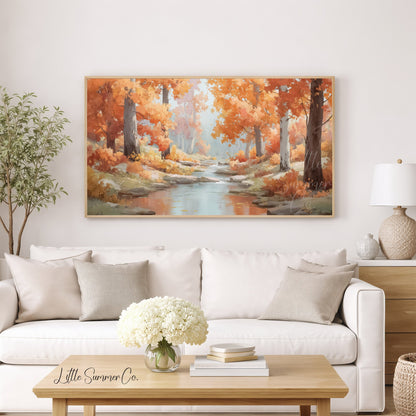 Autumn Stream Path Frame TV Art displayed on a TV