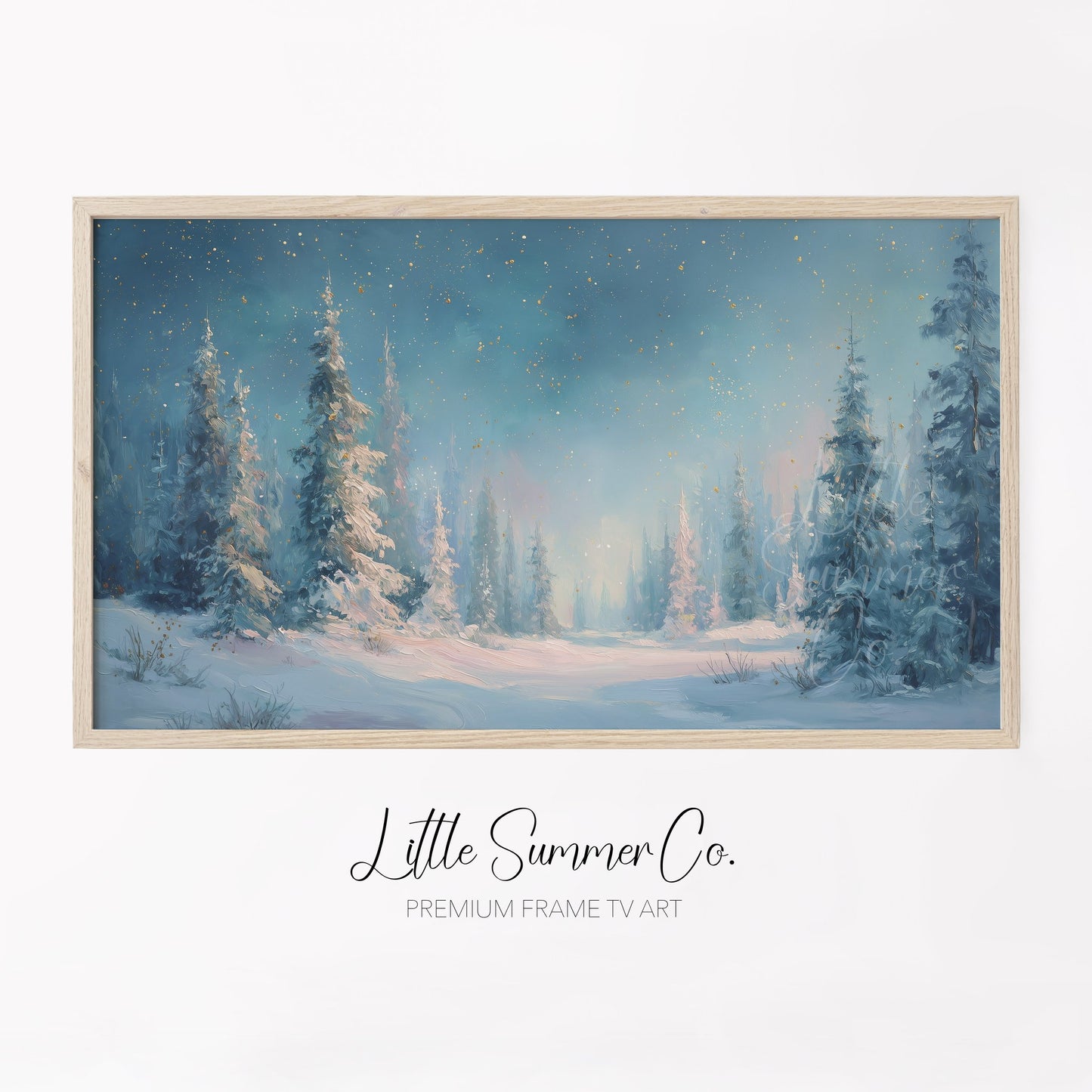 Snowy Pine Forest Clearing Frame TV Art displayed on a TV