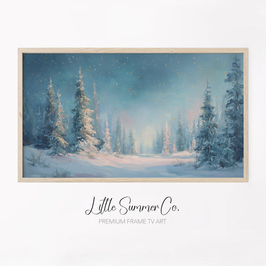 Snowy Pine Forest Clearing Frame TV Art displayed on a TV