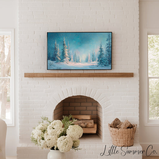 Snowy Pine Forest Clearing Frame TV Art displayed on a TV