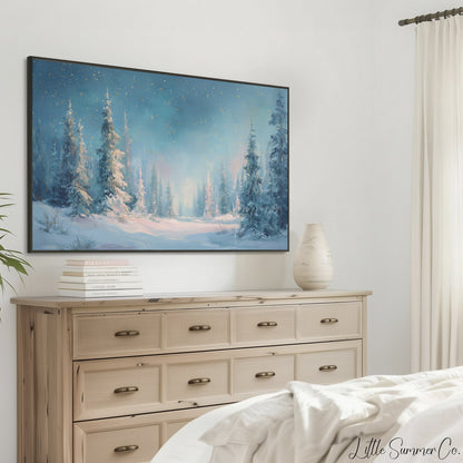 Snowy Pine Forest Clearing Frame TV Art displayed on a TV
