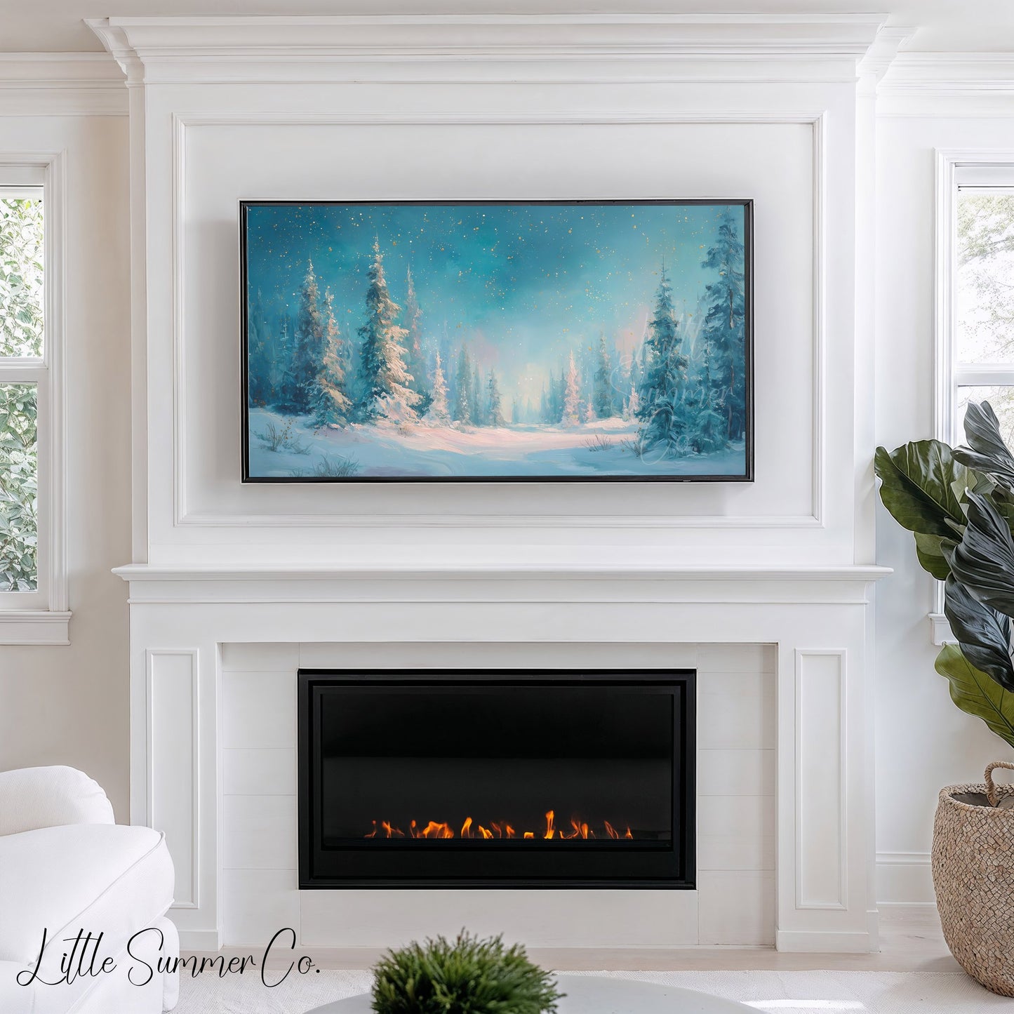 Snowy Pine Forest Clearing Frame TV Art displayed on a TV